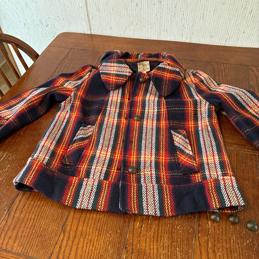 Vintage Tulle Jacket Women’s L Petite/ Child Plaid Wool Blend Missing Button